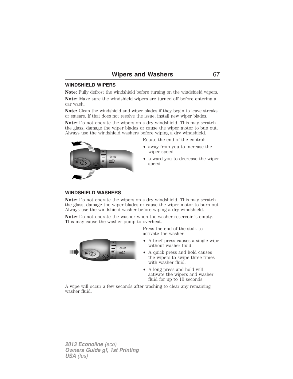 Wipers and washers, Windshield wipers, Windshield washers | Wipers and washers 67 | FORD 2013 E-450 v.1 User Manual | Page 67 / 416