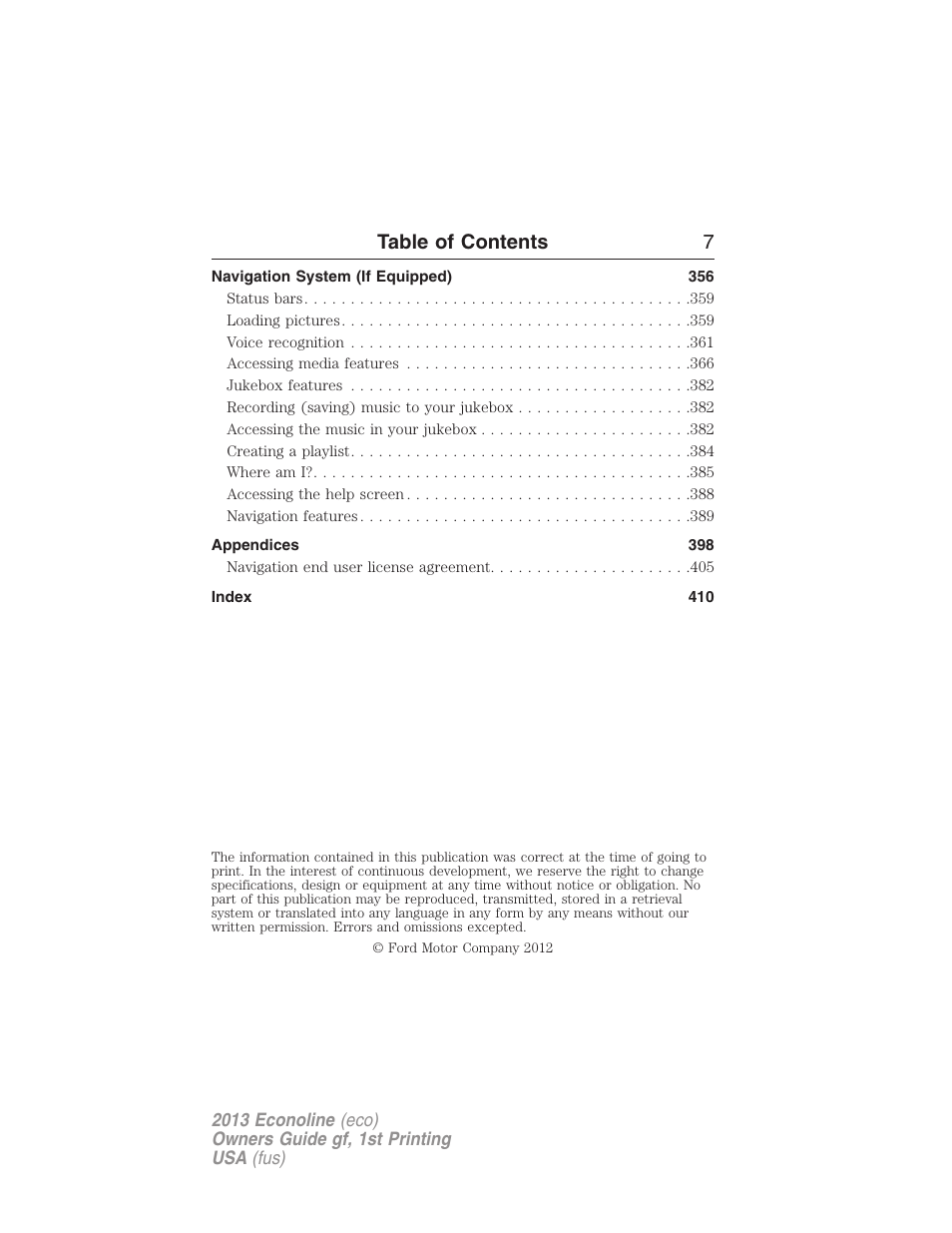 Table of contents 7 | FORD 2013 E-450 v.1 User Manual | Page 7 / 416