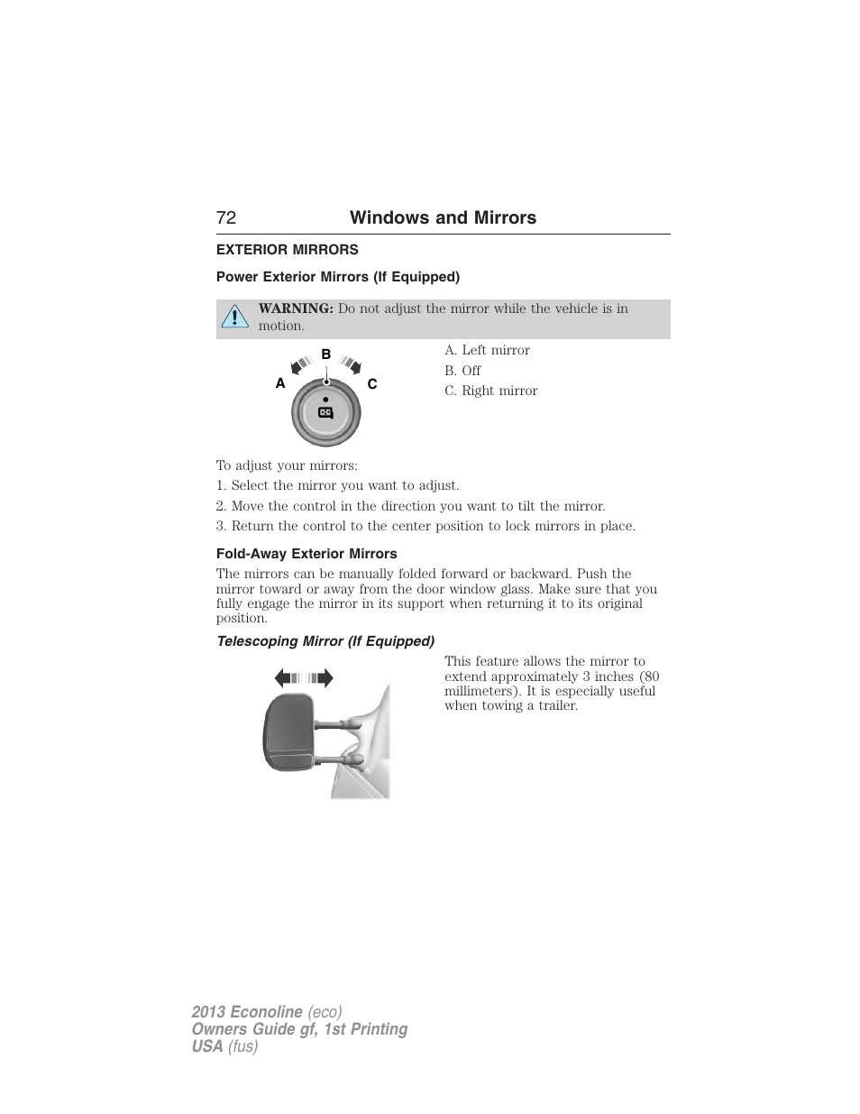 Exterior mirrors, Power exterior mirrors (if equipped), Fold-away exterior mirrors | Telescoping mirror (if equipped), 72 windows and mirrors | FORD 2013 E-450 v.1 User Manual | Page 72 / 416