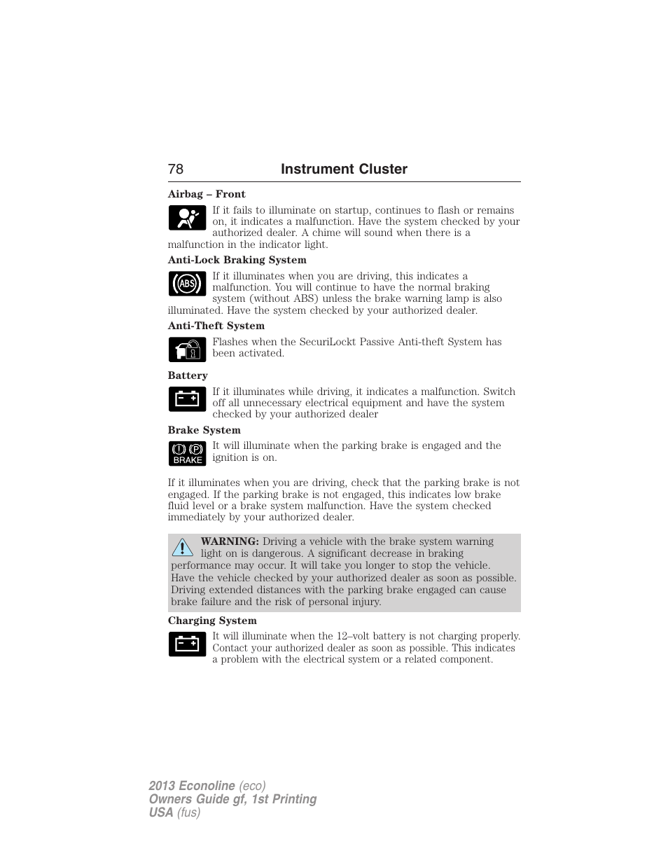 78 instrument cluster | FORD 2013 E-450 v.1 User Manual | Page 78 / 416