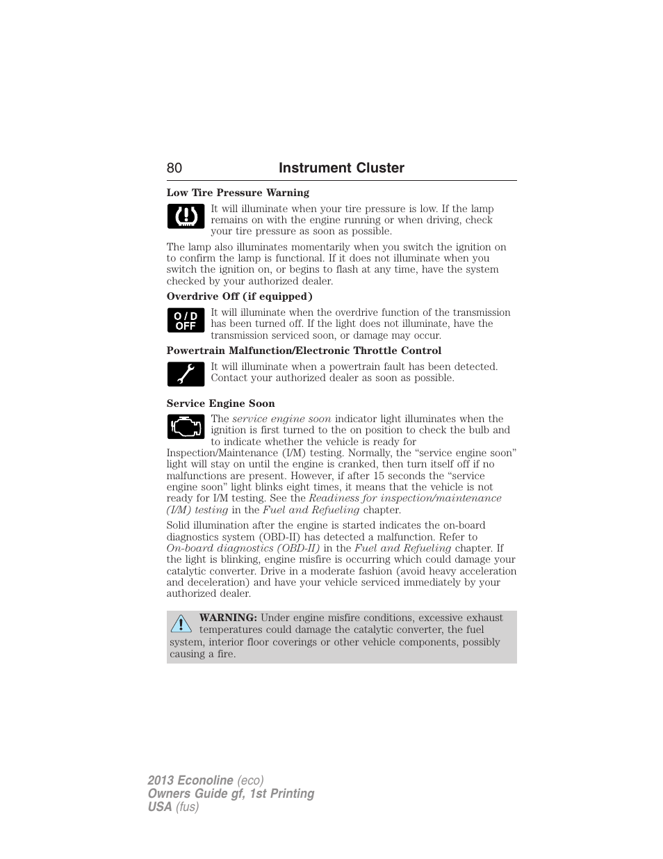 80 instrument cluster | FORD 2013 E-450 v.1 User Manual | Page 80 / 416