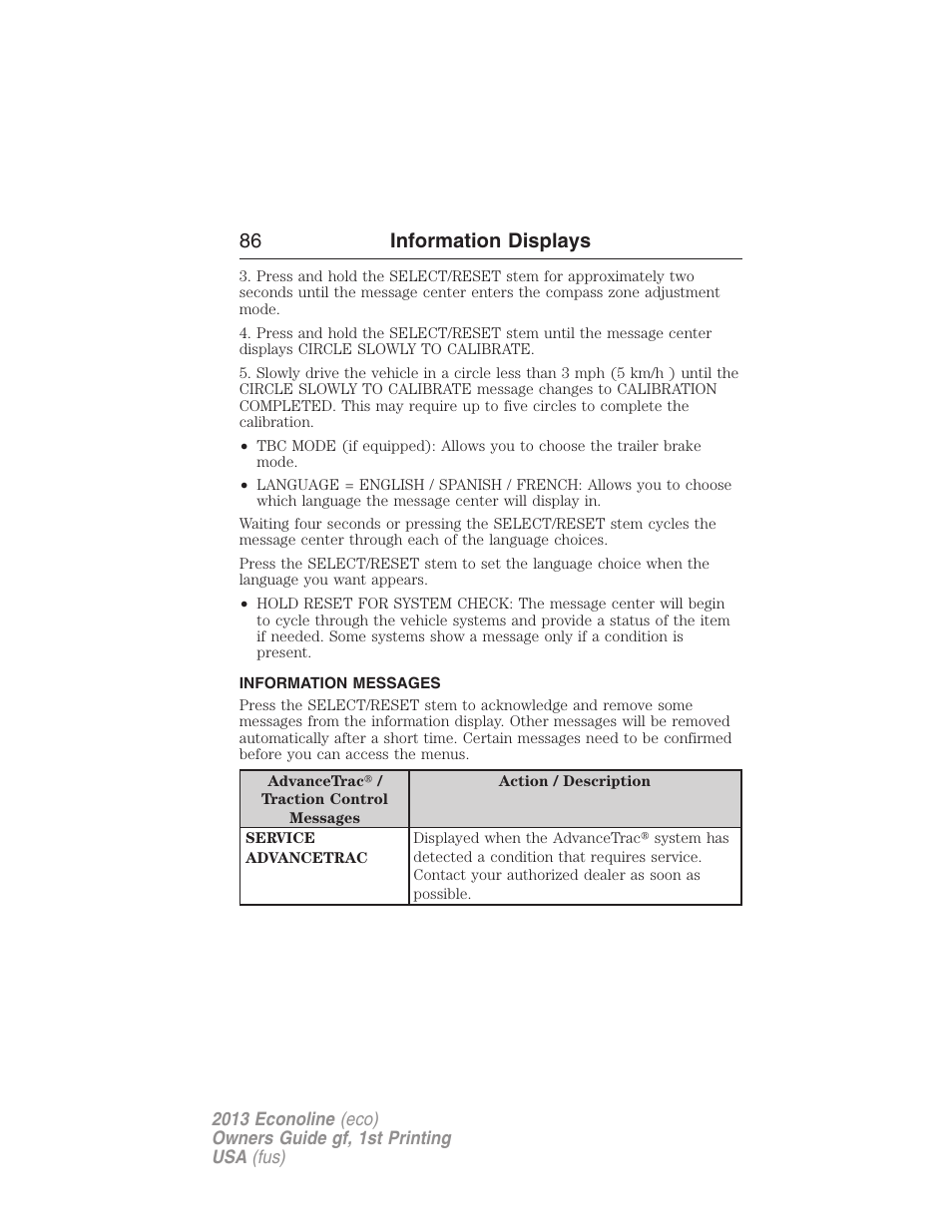 Information messages, 86 information displays | FORD 2013 E-450 v.1 User Manual | Page 86 / 416