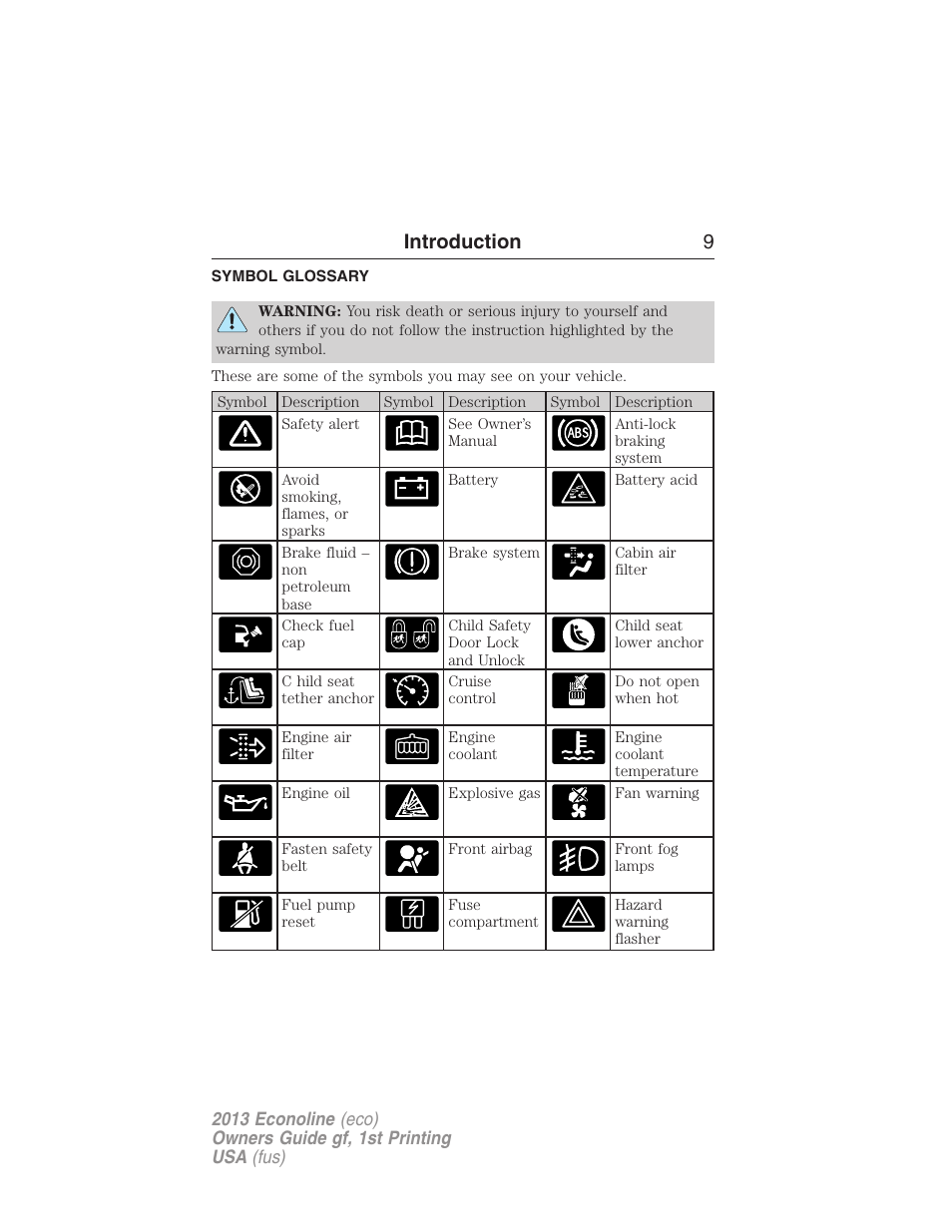 Symbol glossary, Introduction 9 | FORD 2013 E-450 v.1 User Manual | Page 9 / 416