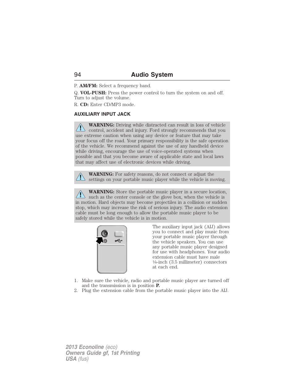 Auxiliary input jack, 94 audio system | FORD 2013 E-450 v.1 User Manual | Page 94 / 416
