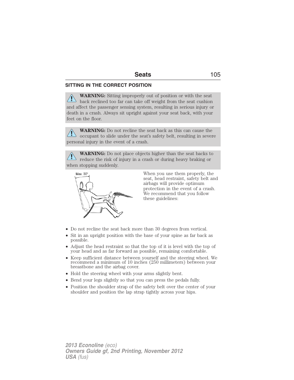 Seats, Sitting in the correct position, Seats 105 | FORD 2013 E-450 v.2 User Manual | Page 106 / 437