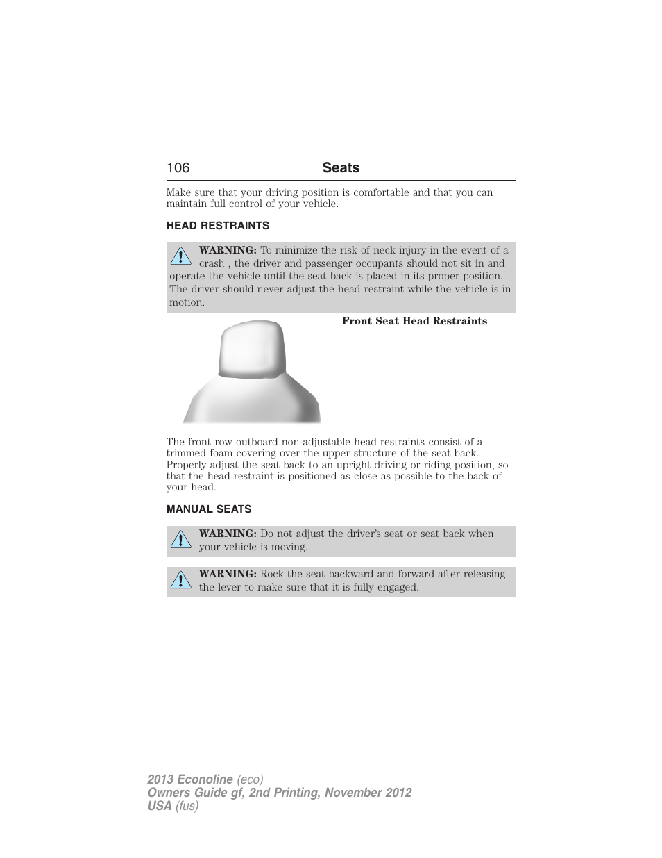 Head restraints, Manual seats, 106 seats | FORD 2013 E-450 v.2 User Manual | Page 107 / 437