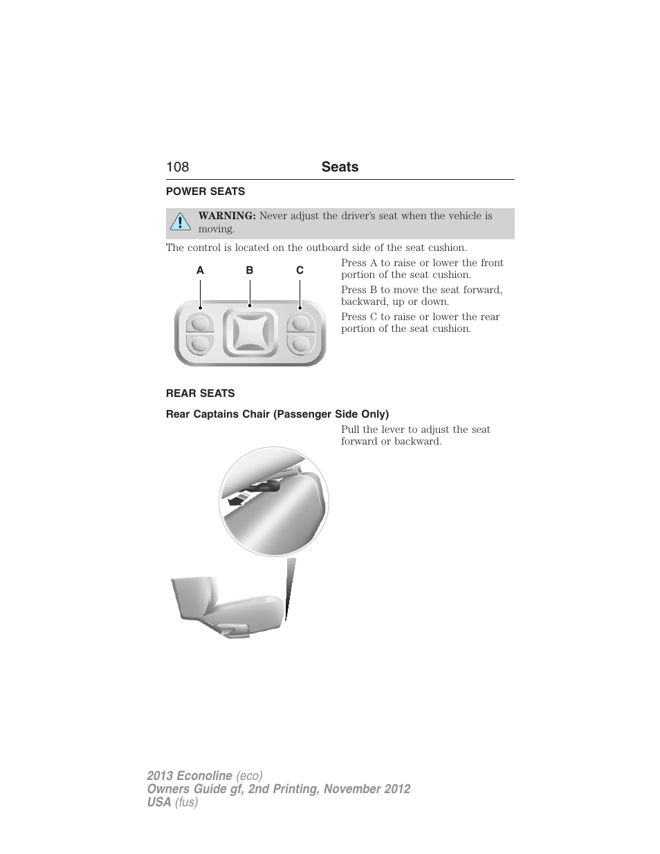 Power seats, Rear seats, Rear captains chair (passenger side only) | 108 seats | FORD 2013 E-450 v.2 User Manual | Page 109 / 437