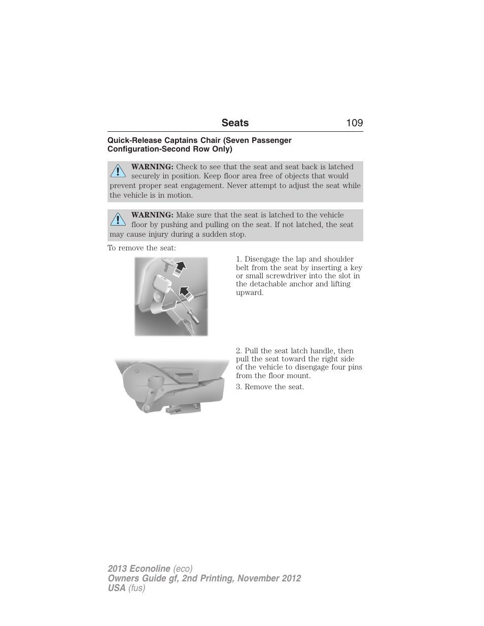 Seats 109 | FORD 2013 E-450 v.2 User Manual | Page 110 / 437