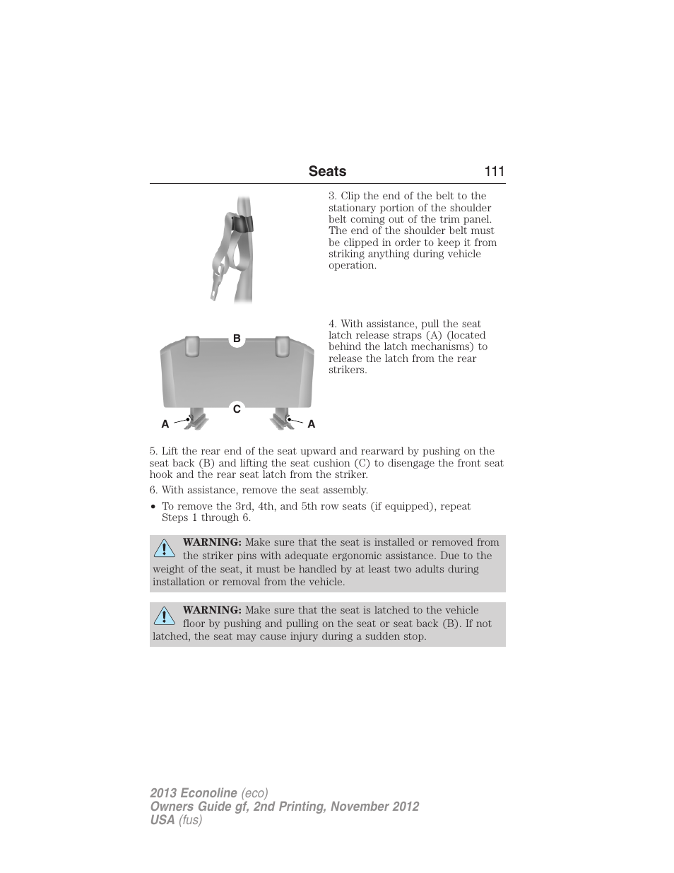 Seats 111 | FORD 2013 E-450 v.2 User Manual | Page 112 / 437