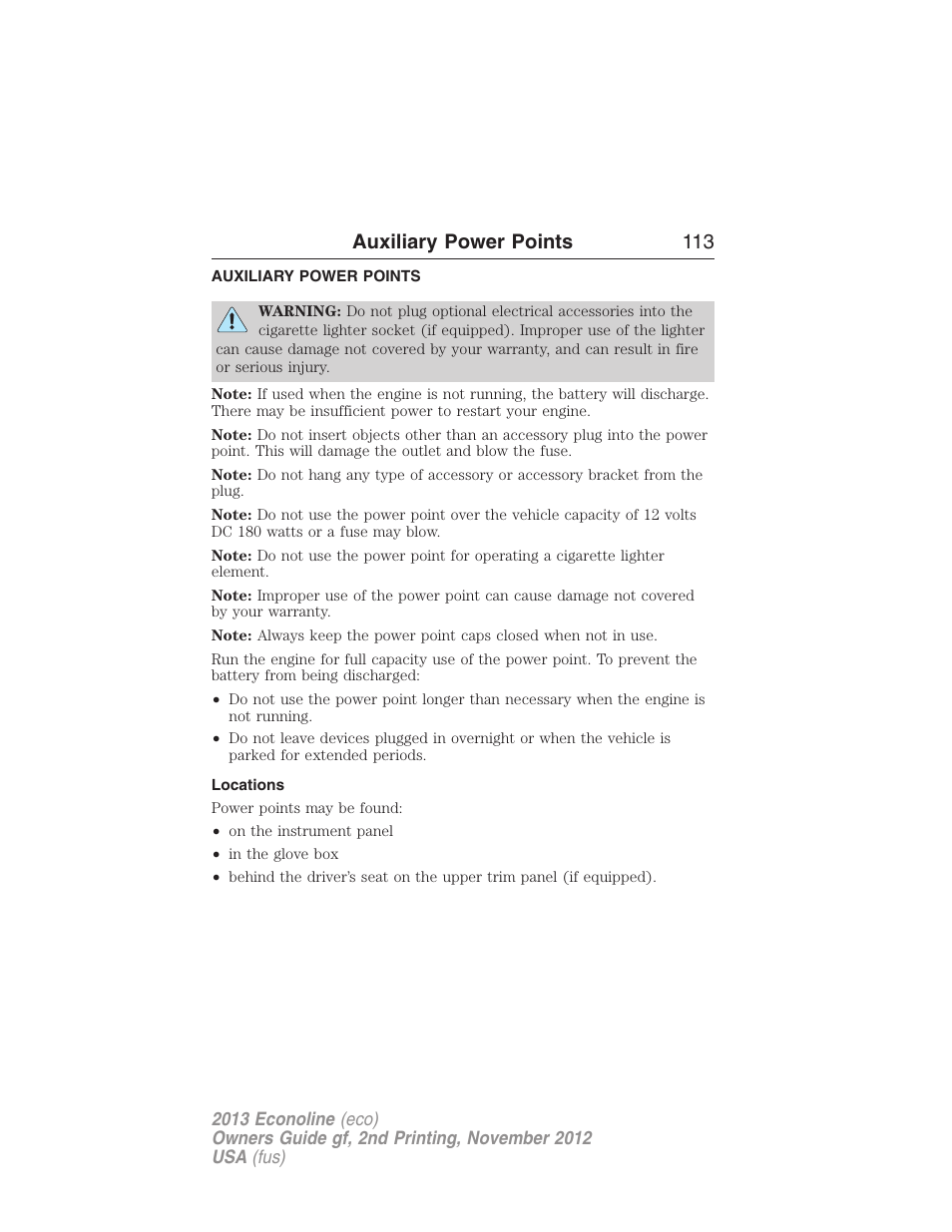 Auxiliary power points, Locations, Auxiliary power points 113 | FORD 2013 E-450 v.2 User Manual | Page 114 / 437