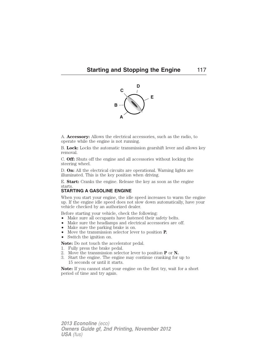 Starting a gasoline engine, Starting and stopping the engine 117 | FORD 2013 E-450 v.2 User Manual | Page 118 / 437