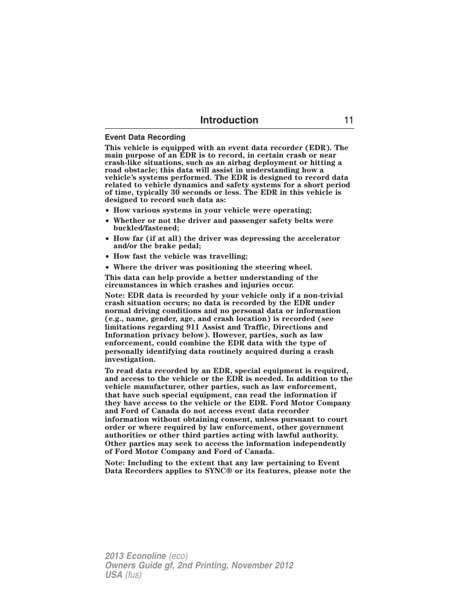 Event data recording, Introduction 11 | FORD 2013 E-450 v.2 User Manual | Page 12 / 437