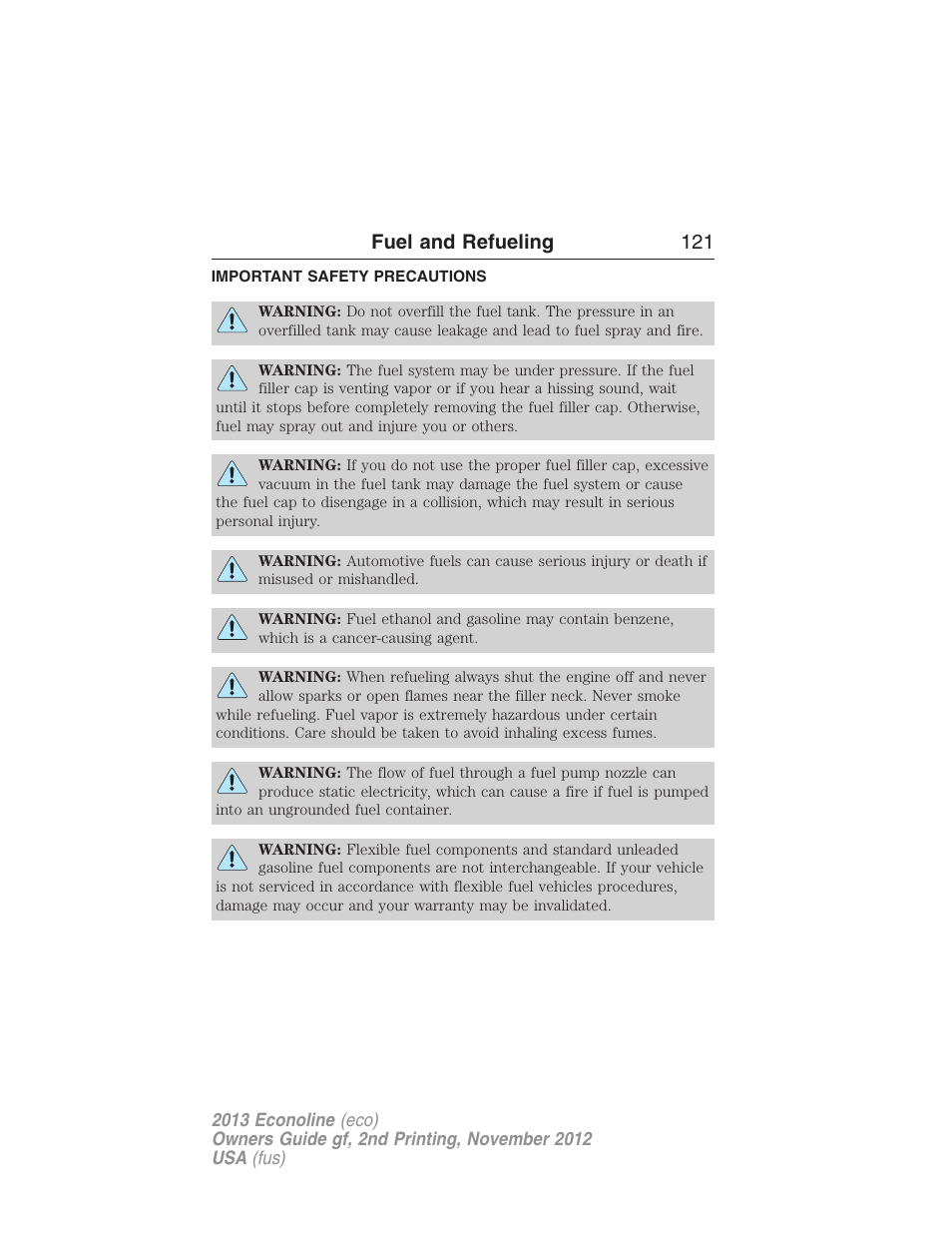 Fuel and refueling, Important safety precautions, Fuel and refueling 121 | FORD 2013 E-450 v.2 User Manual | Page 122 / 437