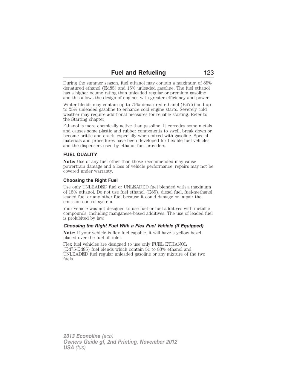 Fuel quality, Choosing the right fuel, Fuel and refueling 123 | FORD 2013 E-450 v.2 User Manual | Page 124 / 437