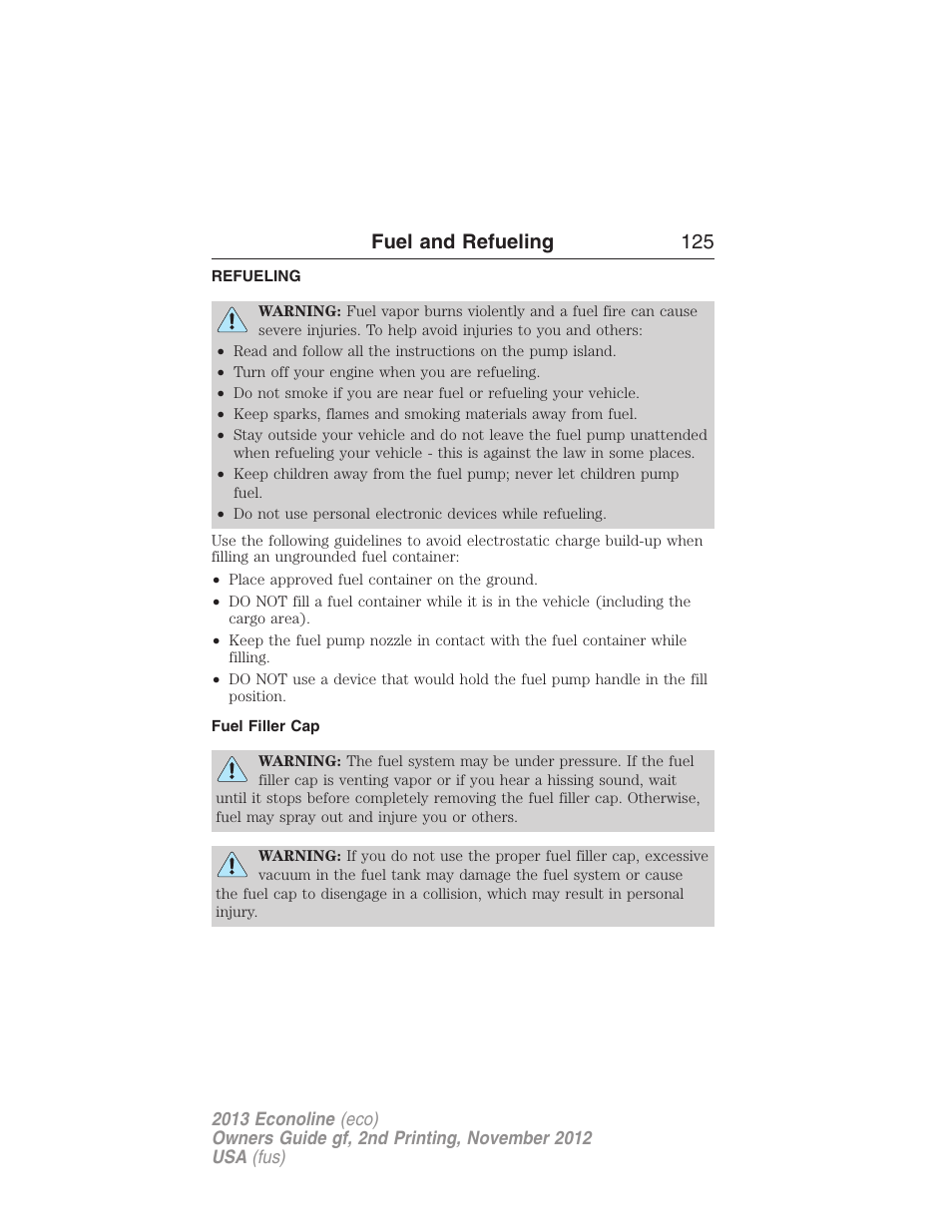Refueling, Fuel filler cap, Fuel and refueling 125 | FORD 2013 E-450 v.2 User Manual | Page 126 / 437