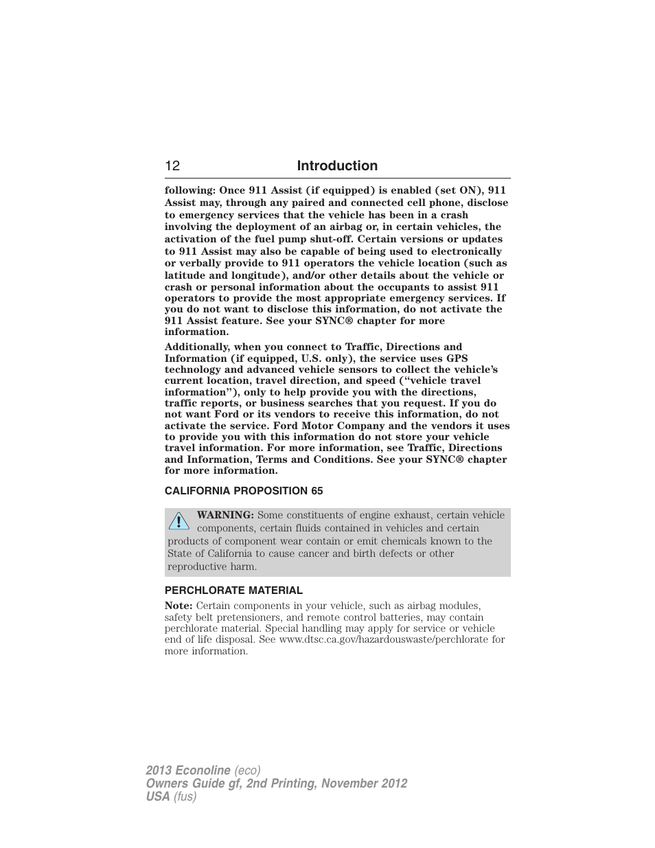 California proposition 65, Perchlorate material, 12 introduction | FORD 2013 E-450 v.2 User Manual | Page 13 / 437