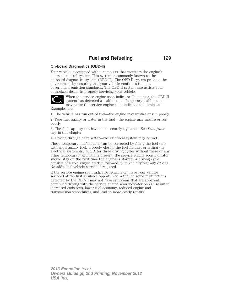 On-board diagnostics (obd-ii), Fuel and refueling 129 | FORD 2013 E-450 v.2 User Manual | Page 130 / 437