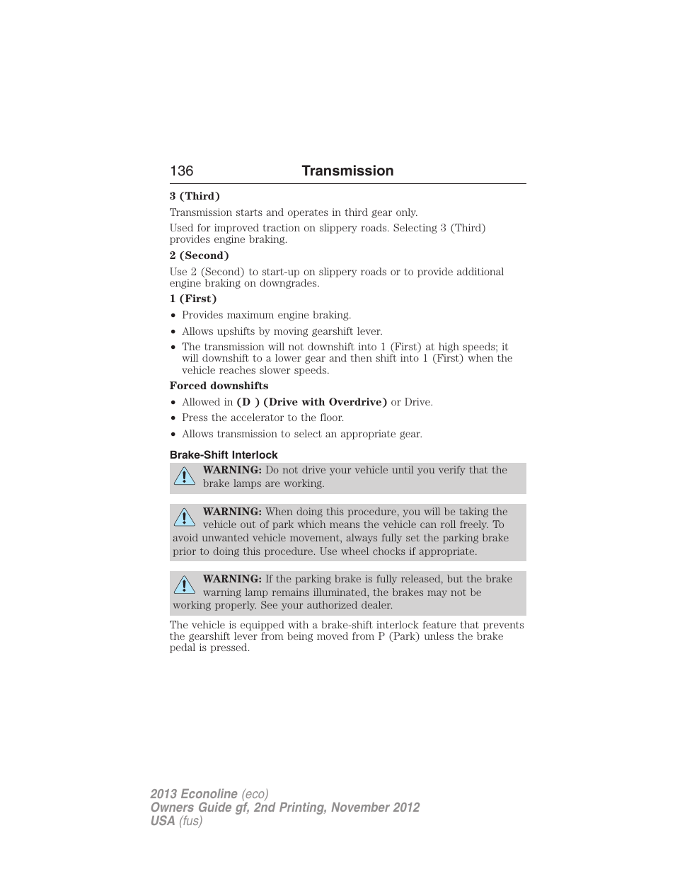 Brake-shift interlock, 136 transmission | FORD 2013 E-450 v.2 User Manual | Page 137 / 437