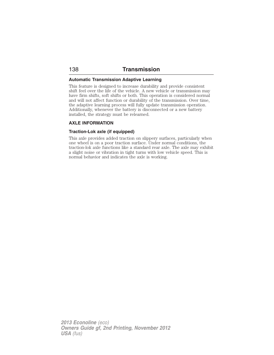 Automatic transmission adaptive learning, Axle information, Traction-lok axle (if equipped) | FORD 2013 E-450 v.2 User Manual | Page 139 / 437