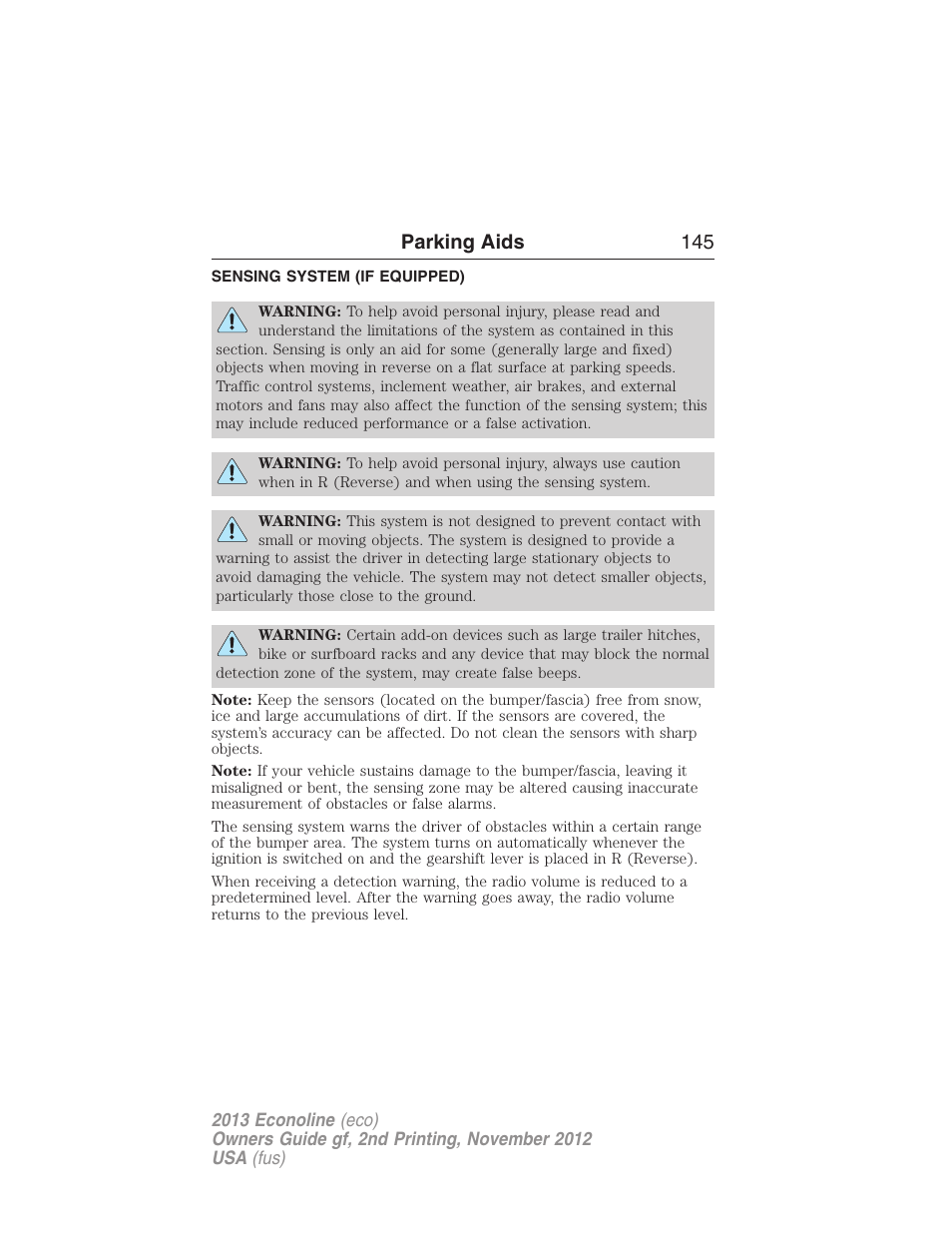 Parking aids, Sensing system (if equipped), Sensing system | Parking aids 145 | FORD 2013 E-450 v.2 User Manual | Page 146 / 437