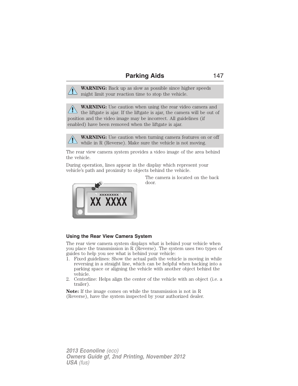 Using the rear view camera system, Parking aids 147 | FORD 2013 E-450 v.2 User Manual | Page 148 / 437