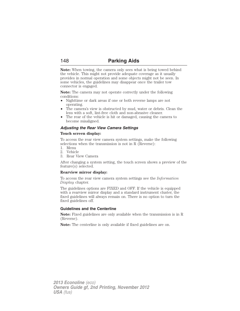 Adjusting the rear view camera settings, Guidelines and the centerline, 148 parking aids | FORD 2013 E-450 v.2 User Manual | Page 149 / 437