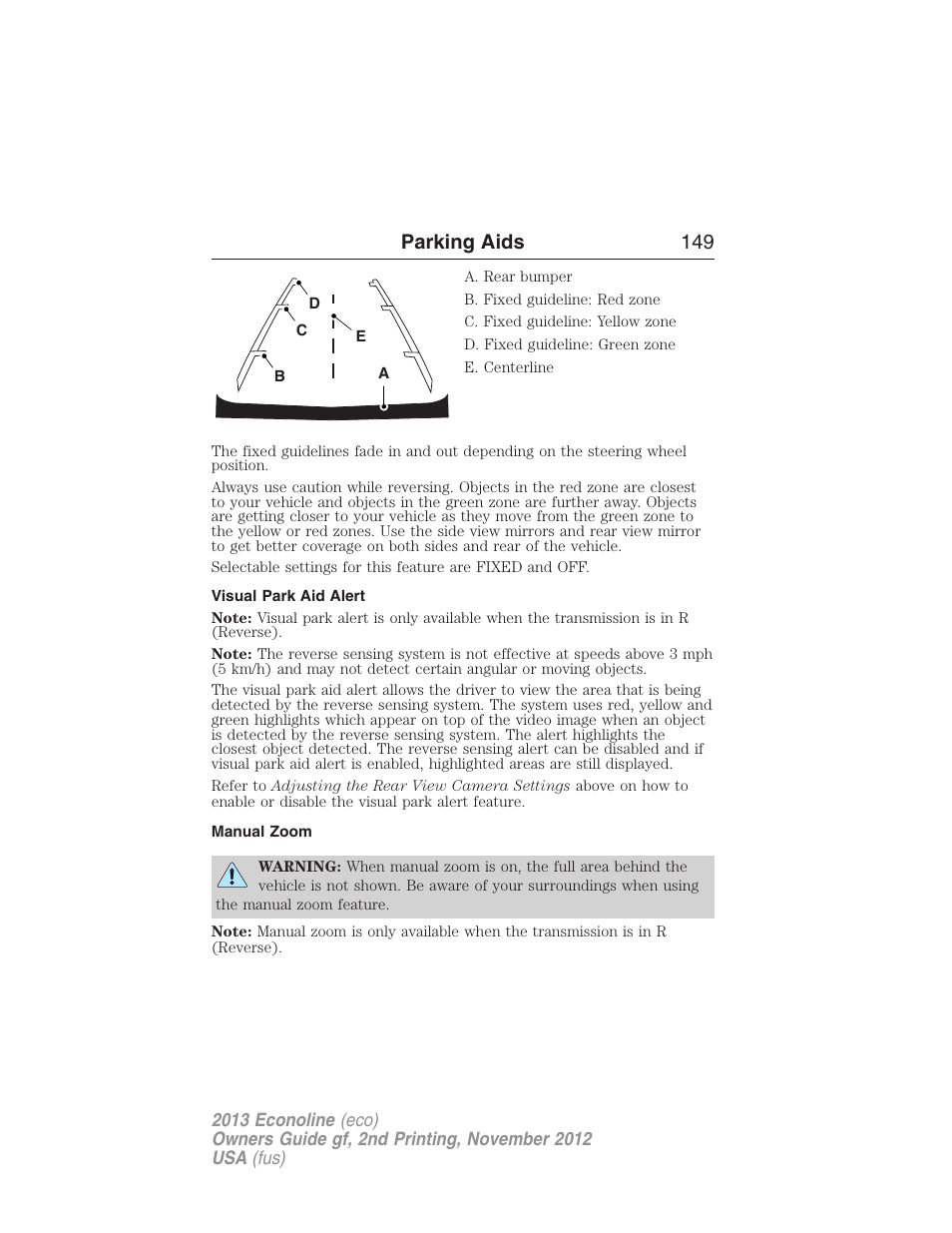 Visual park aid alert, Manual zoom, Parking aids 149 | FORD 2013 E-450 v.2 User Manual | Page 150 / 437