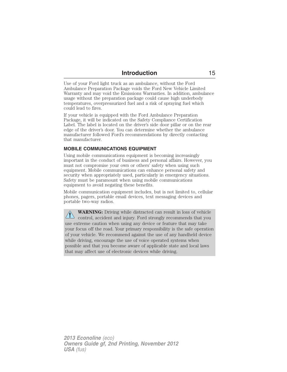 Mobile communications equipment, Introduction 15 | FORD 2013 E-450 v.2 User Manual | Page 16 / 437