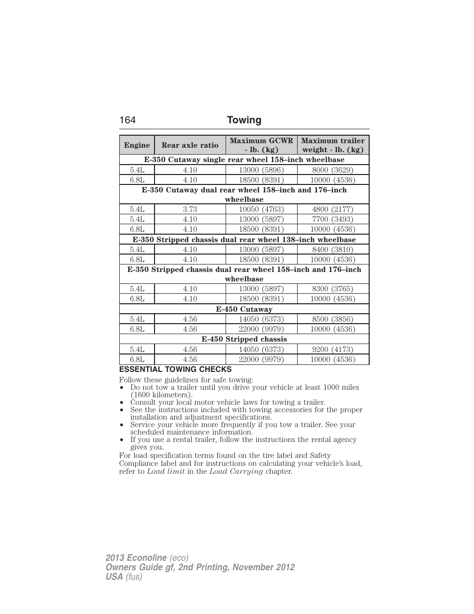 Essential towing checks, 164 towing | FORD 2013 E-450 v.2 User Manual | Page 165 / 437