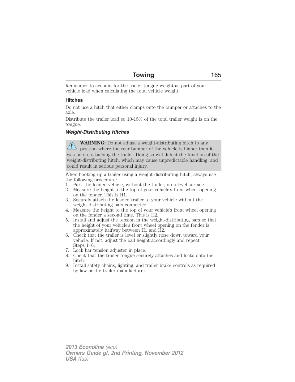 Hitches, Weight-distributing hitches, Towing 165 | FORD 2013 E-450 v.2 User Manual | Page 166 / 437