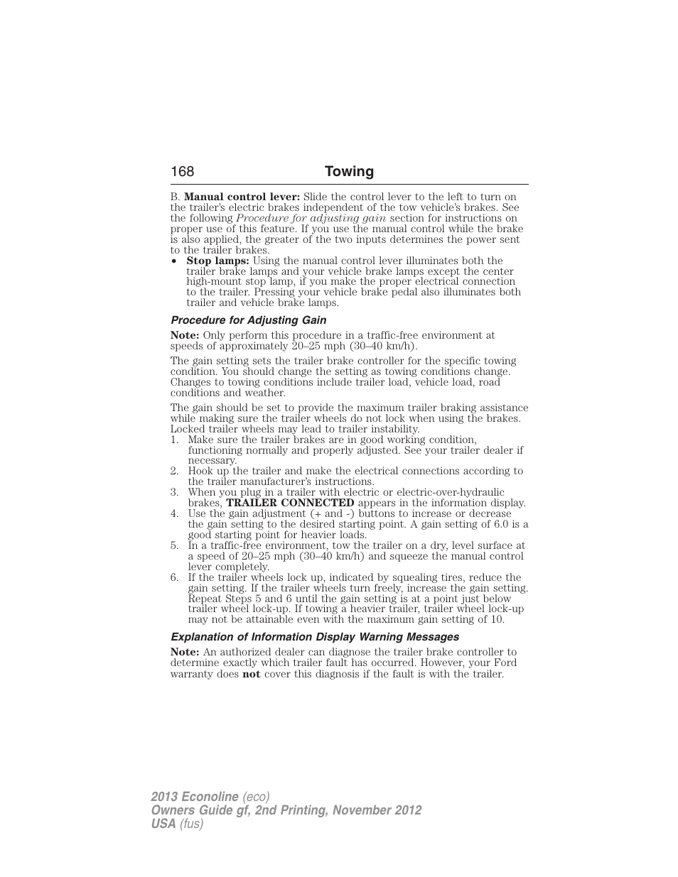Procedure for adjusting gain, 168 towing | FORD 2013 E-450 v.2 User Manual | Page 169 / 437