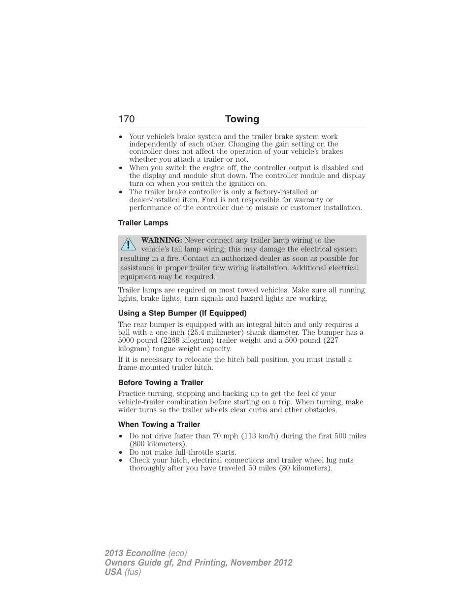 Trailer lamps, Using a step bumper (if equipped), Before towing a trailer | When towing a trailer, 170 towing | FORD 2013 E-450 v.2 User Manual | Page 171 / 437