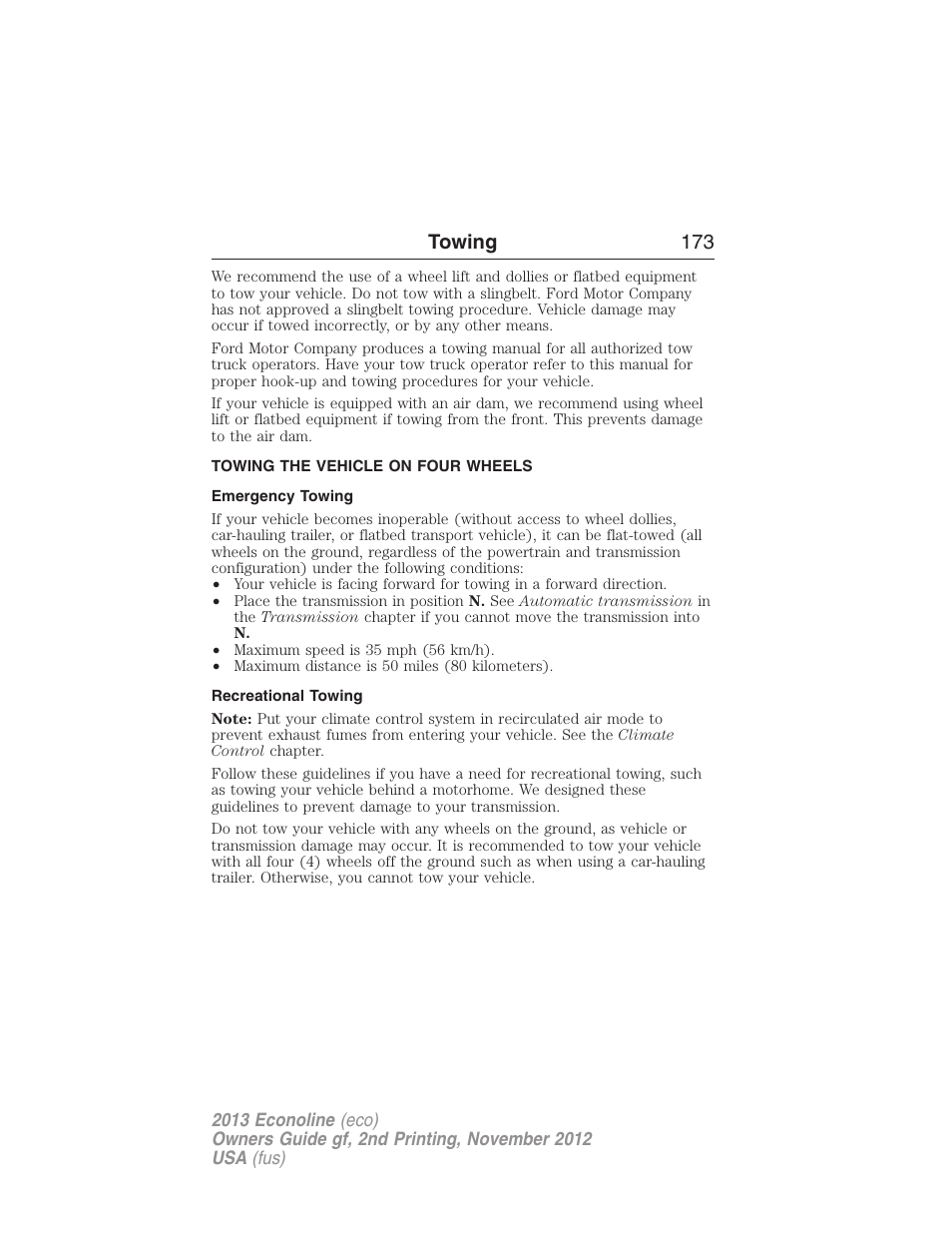 Towing the vehicle on four wheels, Emergency towing, Recreational towing | Towing 173 | FORD 2013 E-450 v.2 User Manual | Page 174 / 437