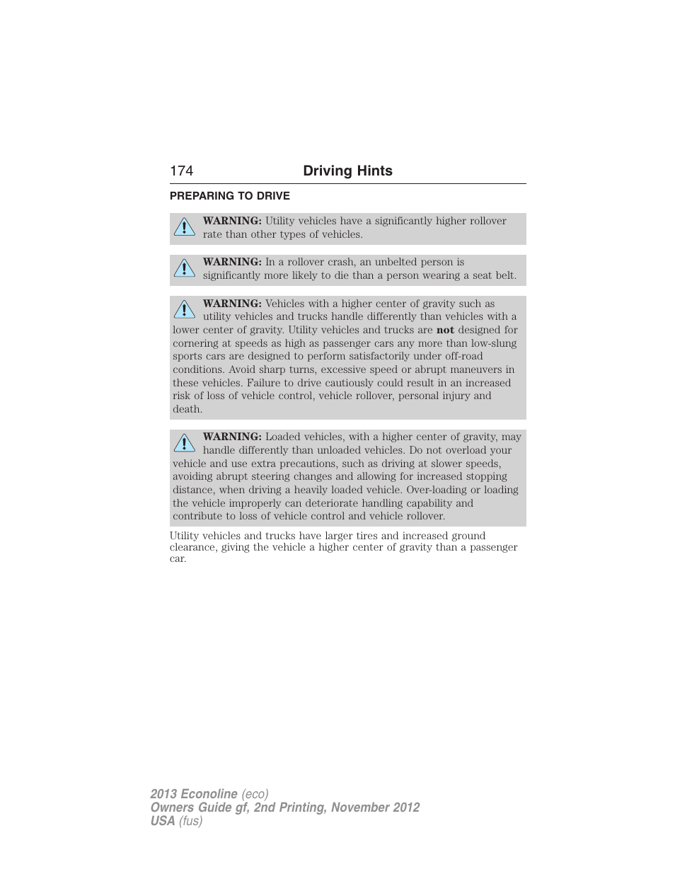 Driving hints, Preparing to drive, 174 driving hints | FORD 2013 E-450 v.2 User Manual | Page 175 / 437