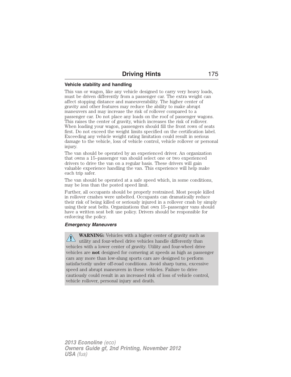 Vehicle stability and handling, Emergency maneuvers, Driving hints 175 | FORD 2013 E-450 v.2 User Manual | Page 176 / 437