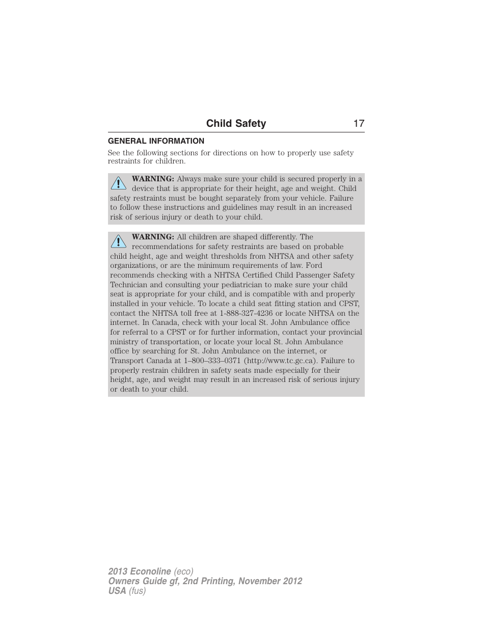 Child safety, General information, Child safety 17 | FORD 2013 E-450 v.2 User Manual | Page 18 / 437