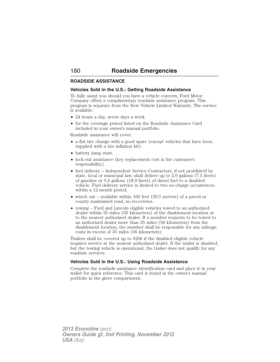 Roadside emergencies, Roadside assistance, Getting roadside assistance | 180 roadside emergencies | FORD 2013 E-450 v.2 User Manual | Page 181 / 437