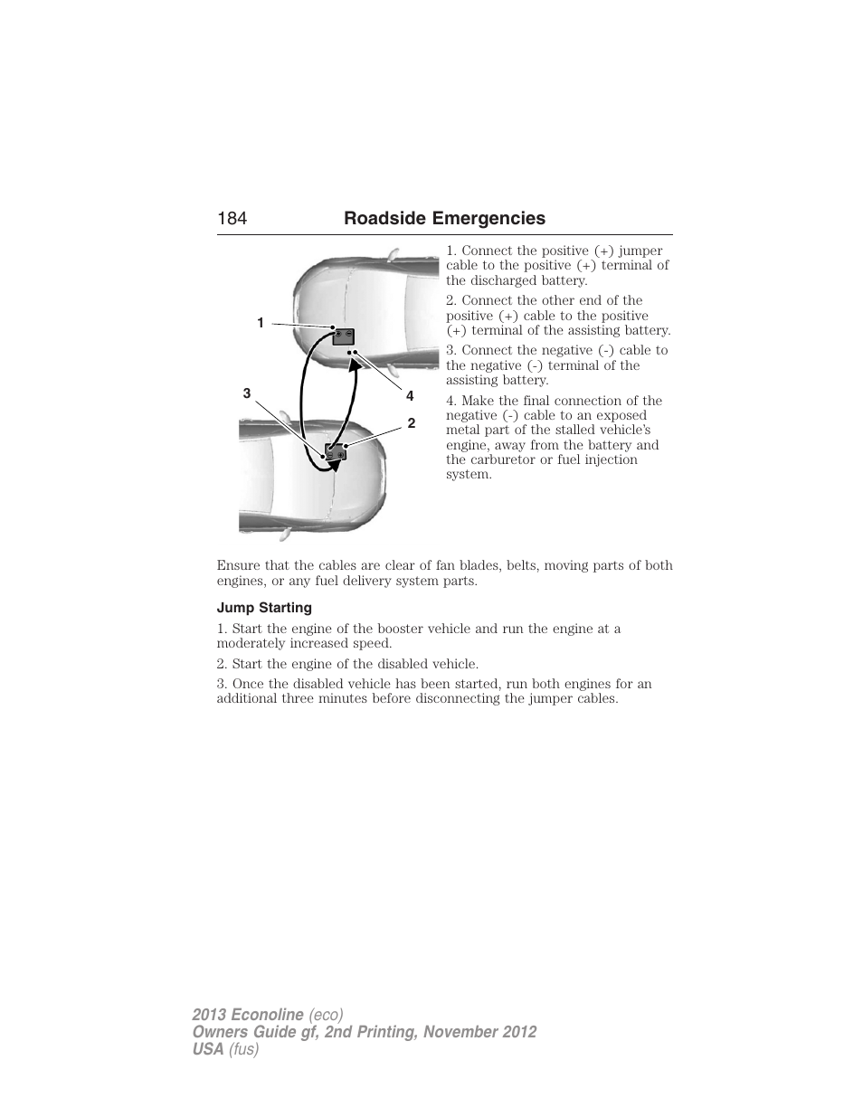 Jump starting, 184 roadside emergencies | FORD 2013 E-450 v.2 User Manual | Page 185 / 437
