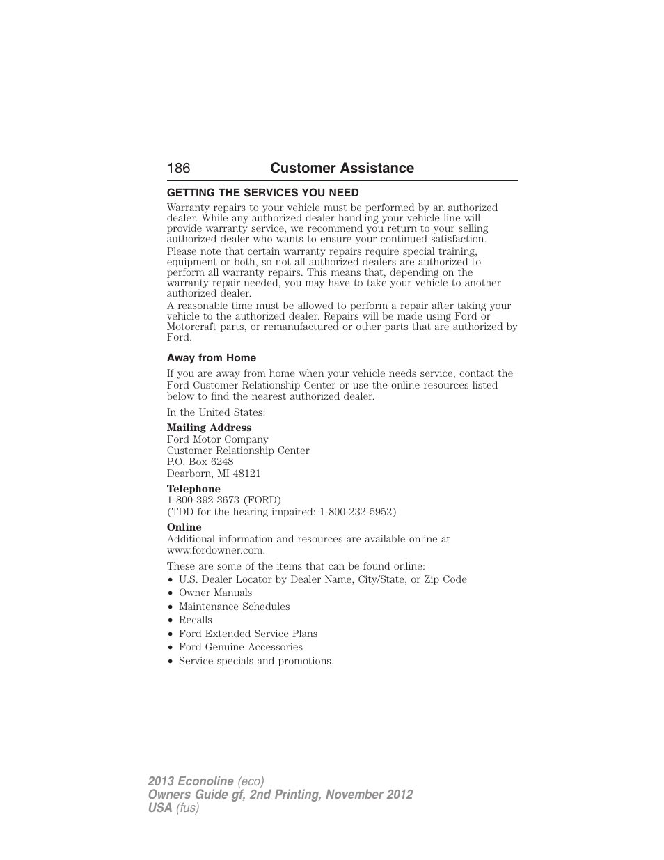 Customer assistance, Getting the services you need, Away from home | 186 customer assistance | FORD 2013 E-450 v.2 User Manual | Page 187 / 437