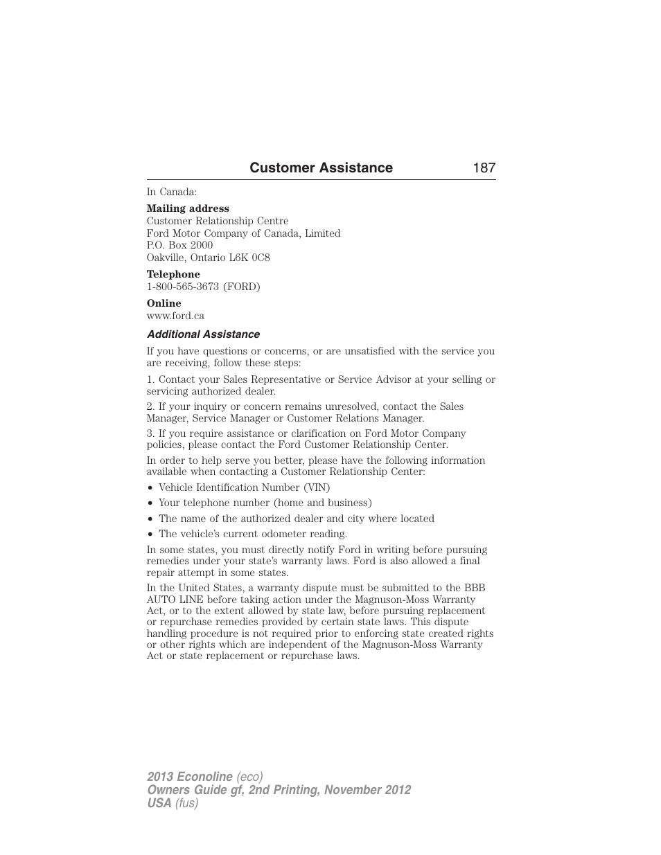Additional assistance, Customer assistance 187 | FORD 2013 E-450 v.2 User Manual | Page 188 / 437