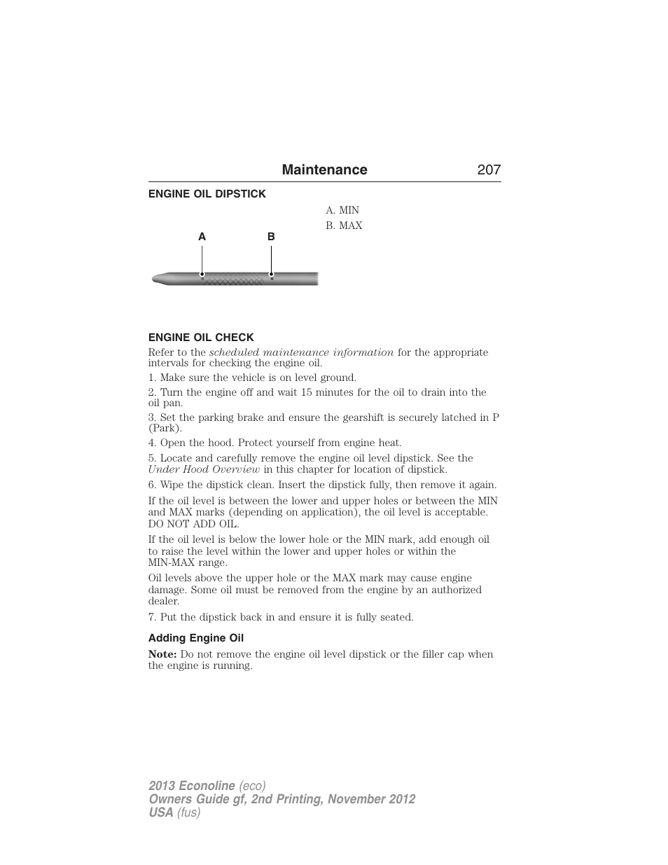 Engine oil dipstick, Engine oil check, Adding engine oil | Maintenance 207 | FORD 2013 E-450 v.2 User Manual | Page 208 / 437