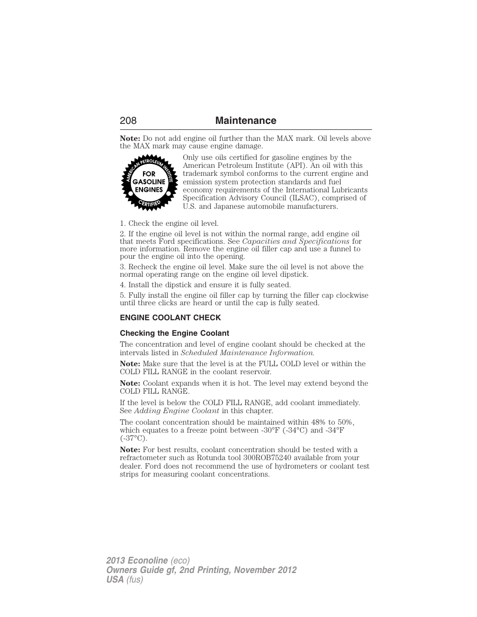 Engine coolant check, Checking the engine coolant, 208 maintenance | FORD 2013 E-450 v.2 User Manual | Page 209 / 437