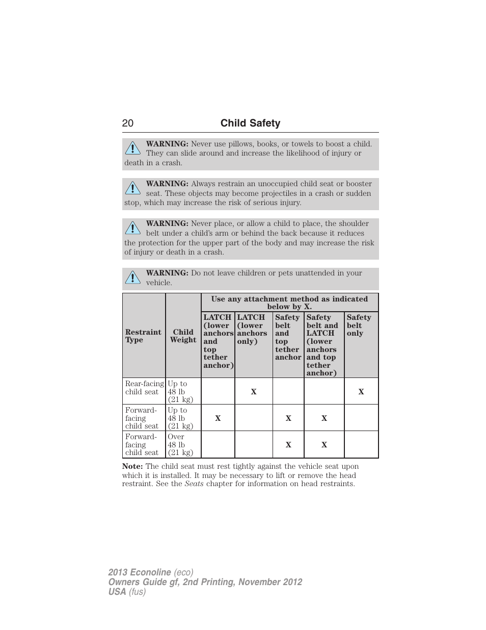 20 child safety | FORD 2013 E-450 v.2 User Manual | Page 21 / 437