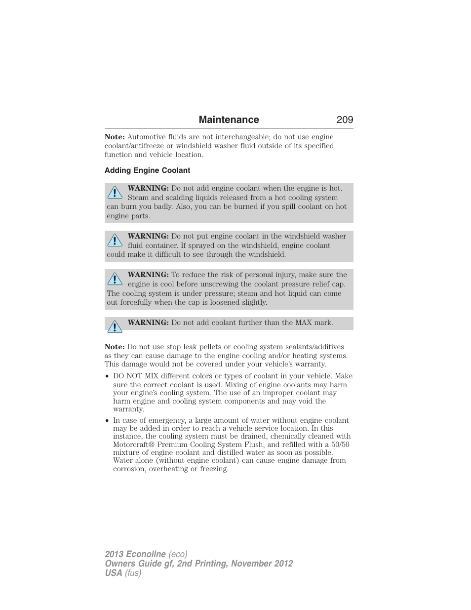 Adding engine coolant, Maintenance 209 | FORD 2013 E-450 v.2 User Manual | Page 210 / 437