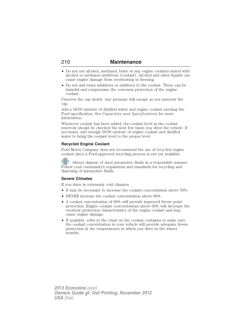 Recycled engine coolant, Severe climates, 210 maintenance | FORD 2013 E-450 v.2 User Manual | Page 211 / 437