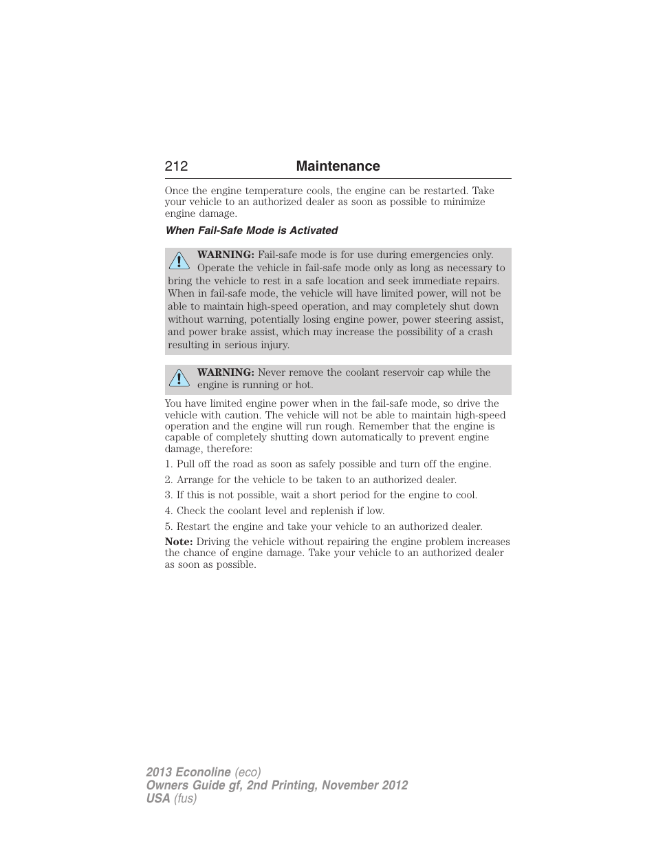 When fail-safe mode is activated, 212 maintenance | FORD 2013 E-450 v.2 User Manual | Page 213 / 437