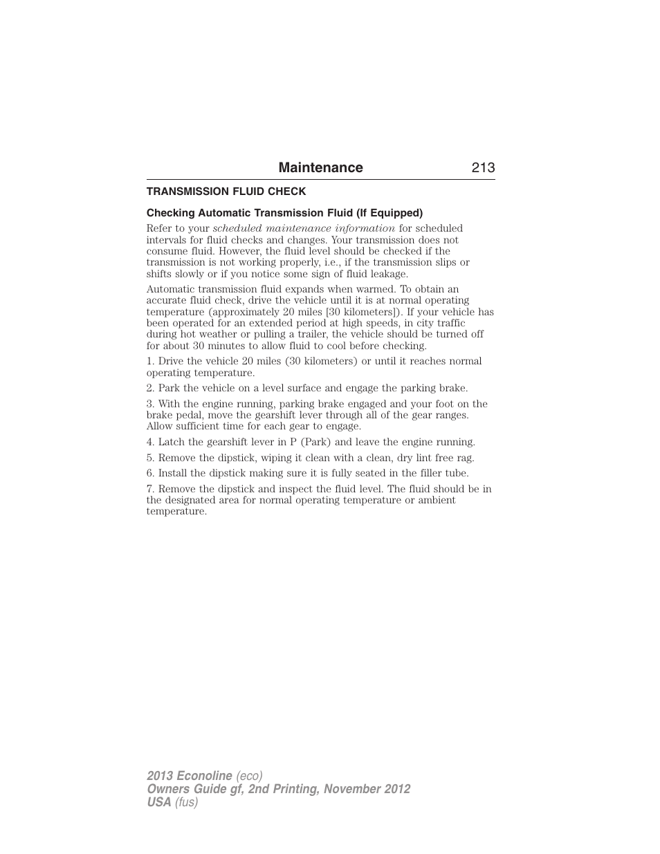 Transmission fluid check, Automatic transmission fluid check, Maintenance 213 | FORD 2013 E-450 v.2 User Manual | Page 214 / 437