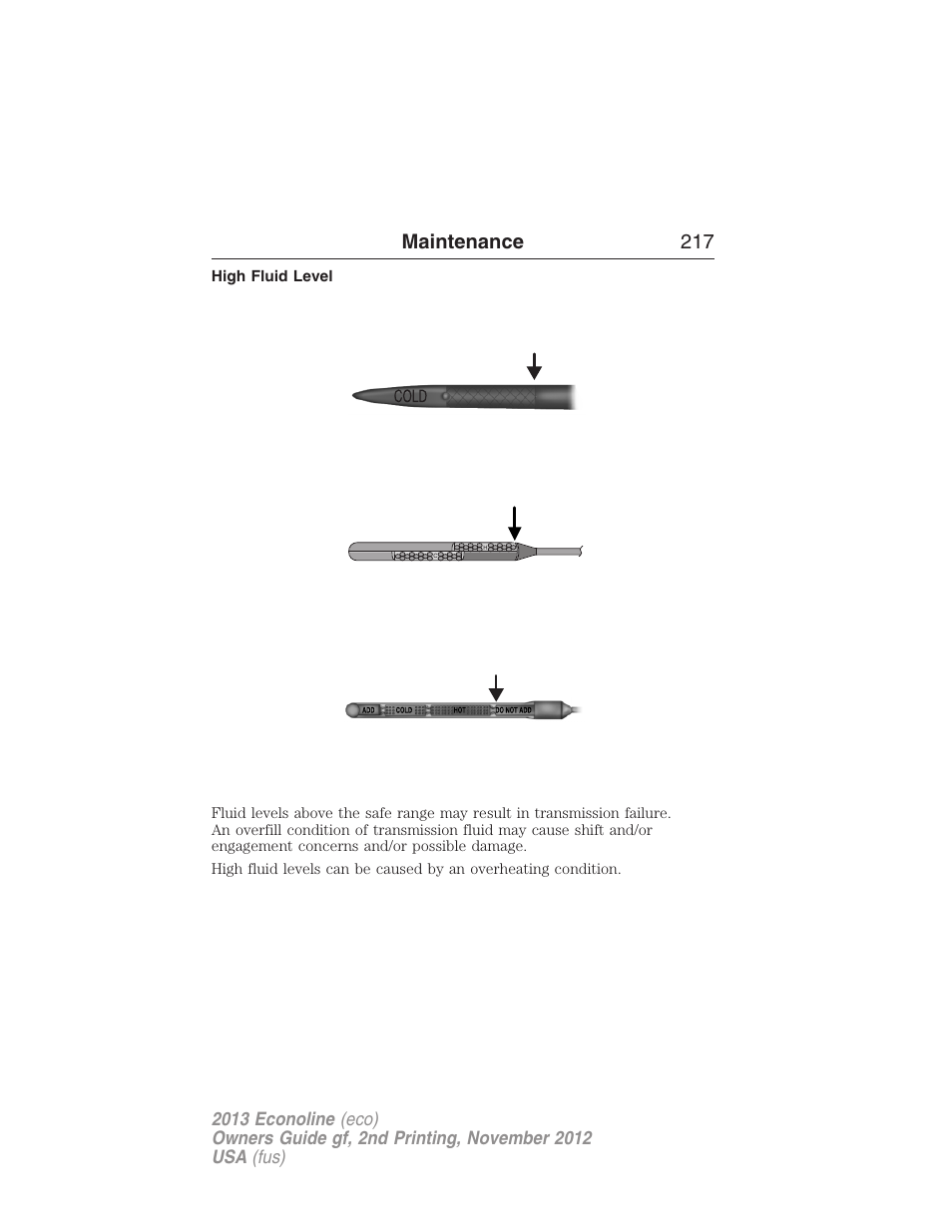 High fluid level, Maintenance 217 | FORD 2013 E-450 v.2 User Manual | Page 218 / 437