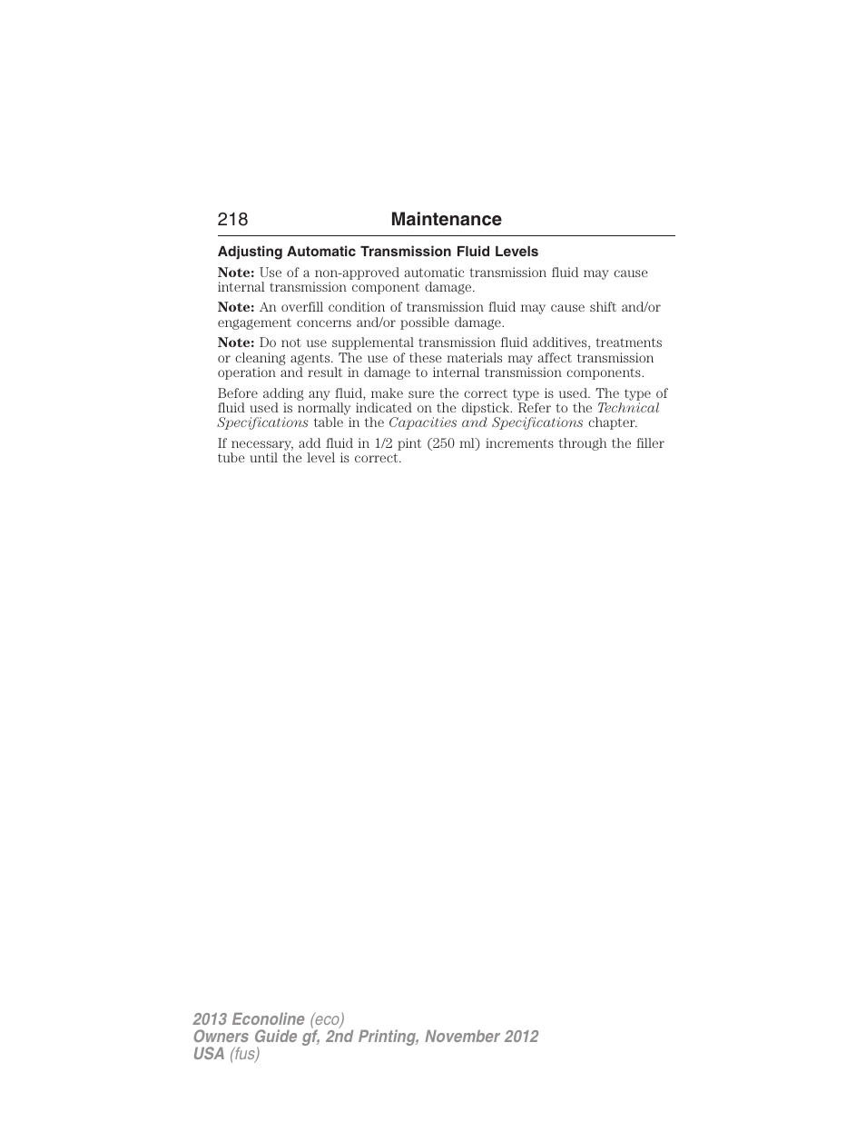 Adjusting automatic transmission fluid levels, 218 maintenance | FORD 2013 E-450 v.2 User Manual | Page 219 / 437