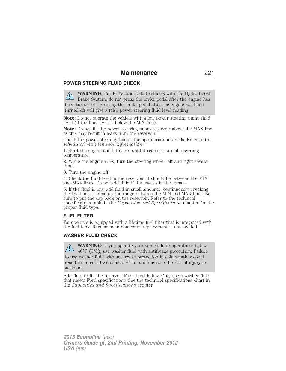 Power steering fluid check, Fuel filter, Washer fluid check | Maintenance 221 | FORD 2013 E-450 v.2 User Manual | Page 222 / 437